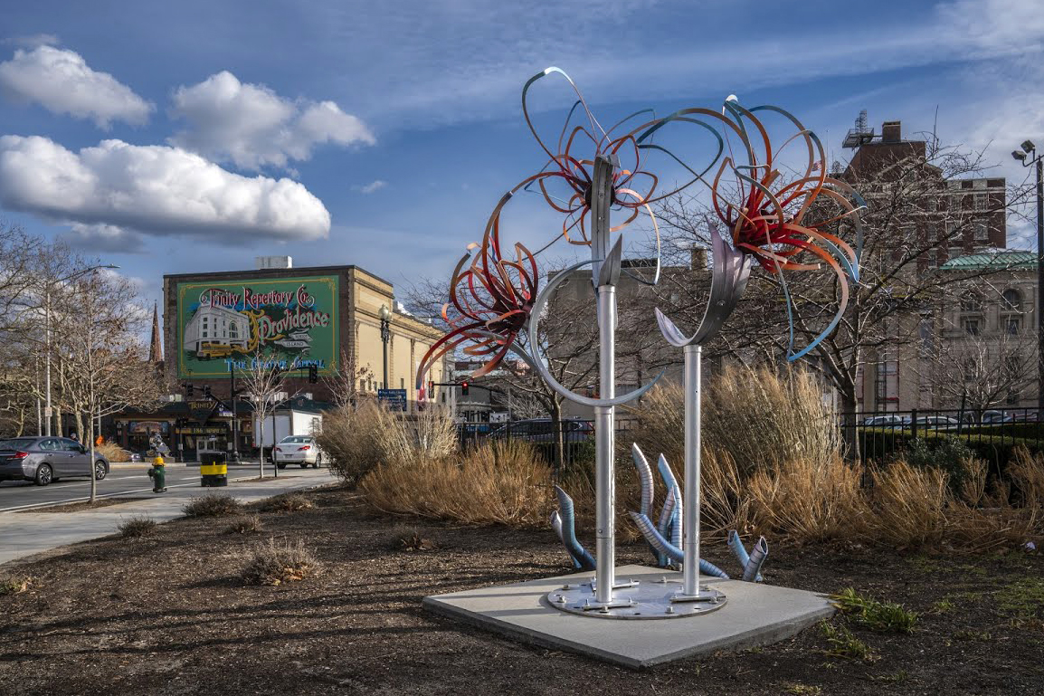 Isabel Mattia MFA 19 SC and Amber Dauphinee 20 SC's City Garden sculpture in Providence was made from repurposed materials from bus shelters