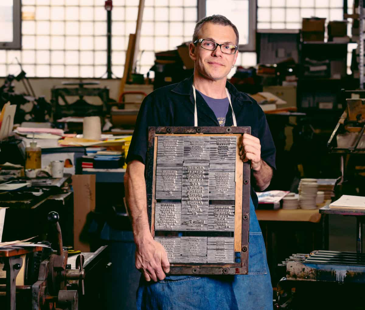 Dan Wood 94 PR in his Letterpress shop
