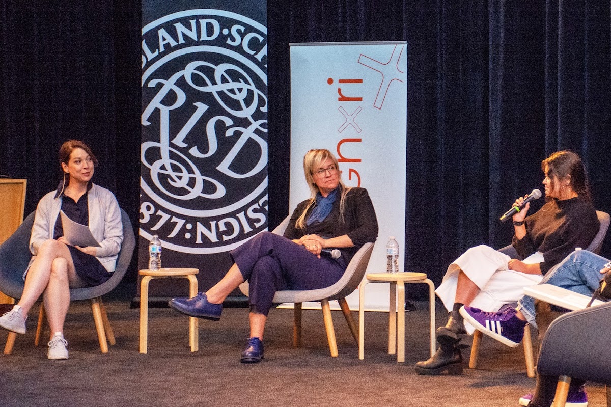 Amy Devers MFA 01 FD, Sara Ossana MIA 05, and Sophie Chien BArch 20 in a panel discussion at RISD