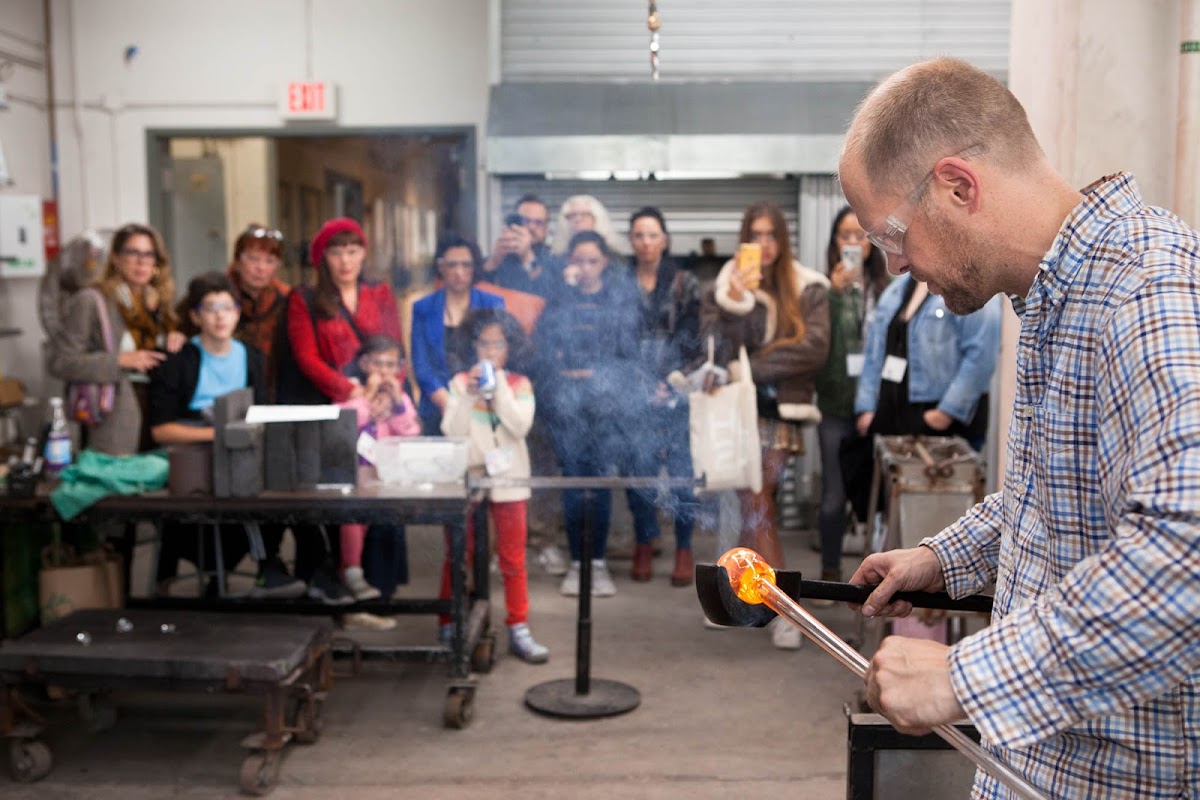 Assistant Professor of Glass Sean Salstrom MFA 06 GL offers a demo in RISD’s Hot Shop
