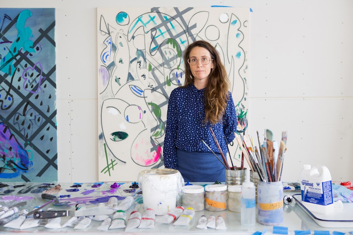 Laura Owens 92 PT in her studio