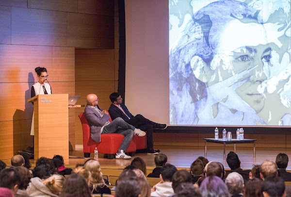 Shahzia Sikander MFA 94 PT/PR speaking at a podium at RISD