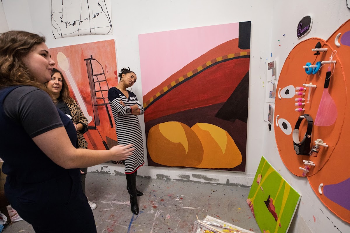 Visiting curators Jane Panetta and Rujeko Hockley offer encouragement and advice to students on their work