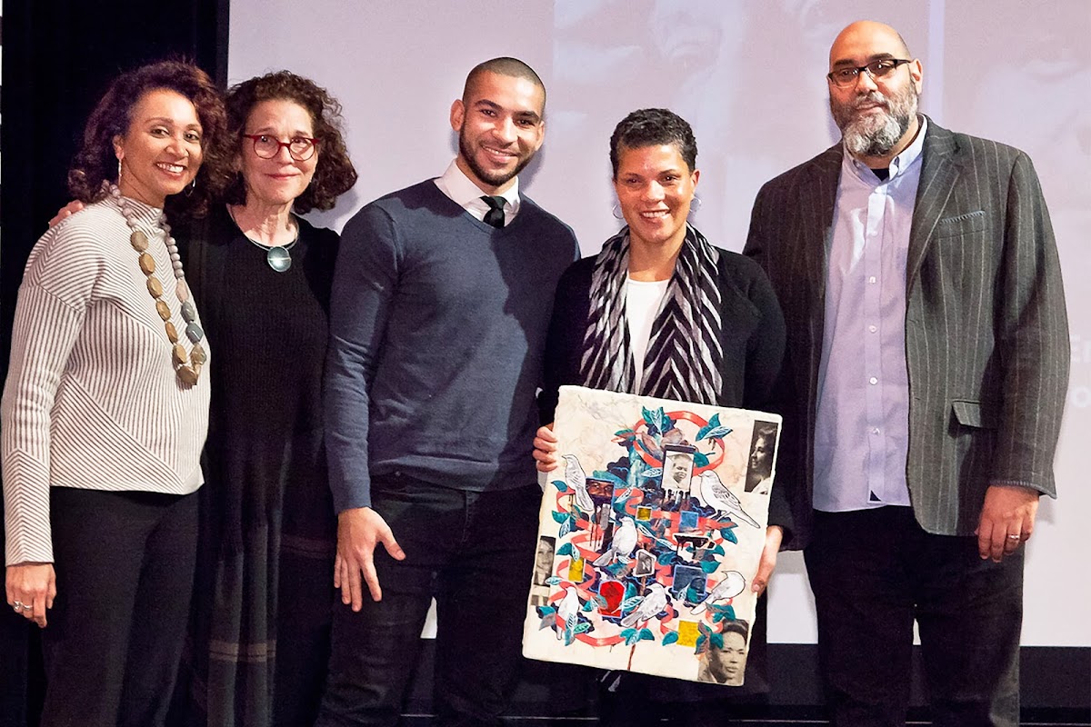 RISD Diversity Fellow Rene Payne 83 GD with President Rosanne Somerson, Jordan Seaberry 14 PT, Michelle Alexander, and Mathew Shenoda