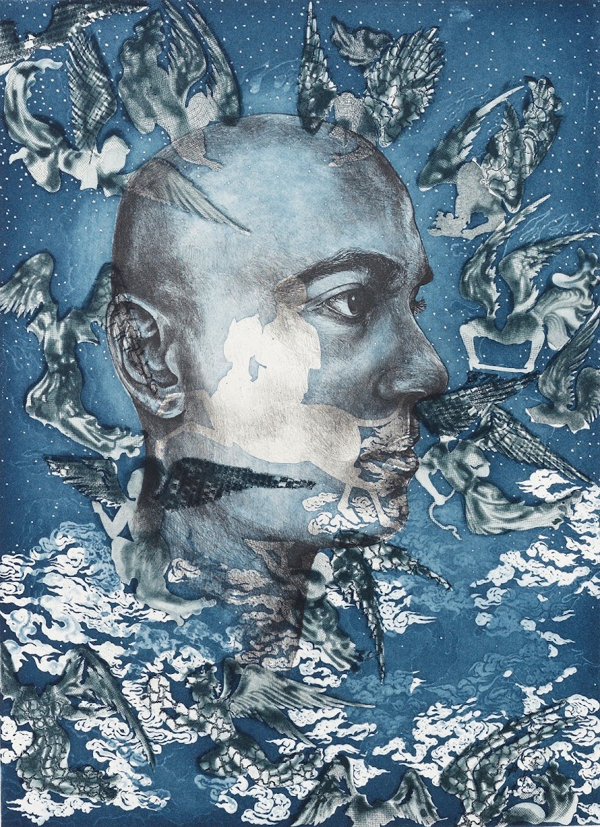 One of four etchings by Shahzia Sikander MFA 95 PT/PR for her Portrait of the Artist series