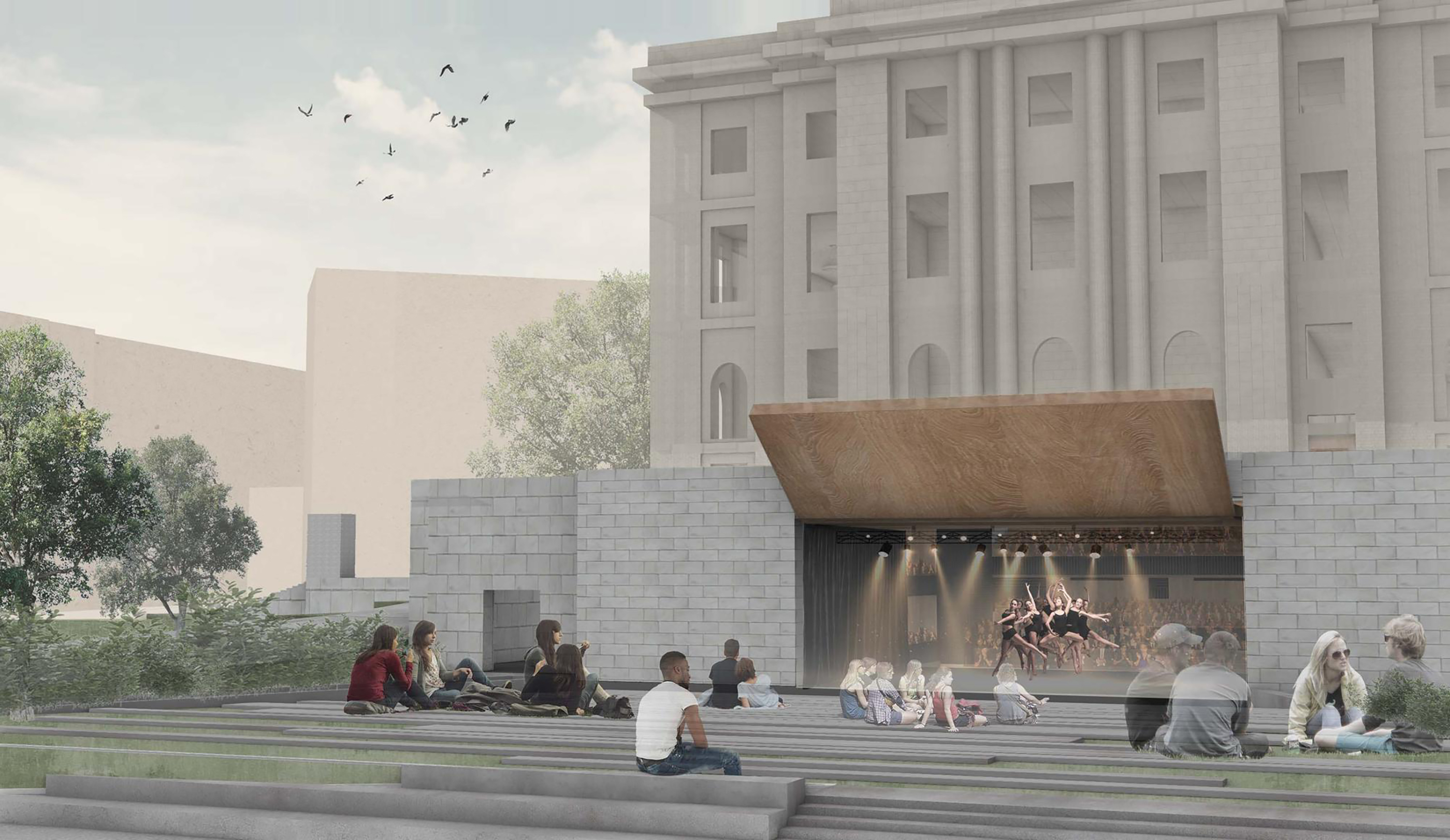 design incorporating a stage with outdoor summer seating