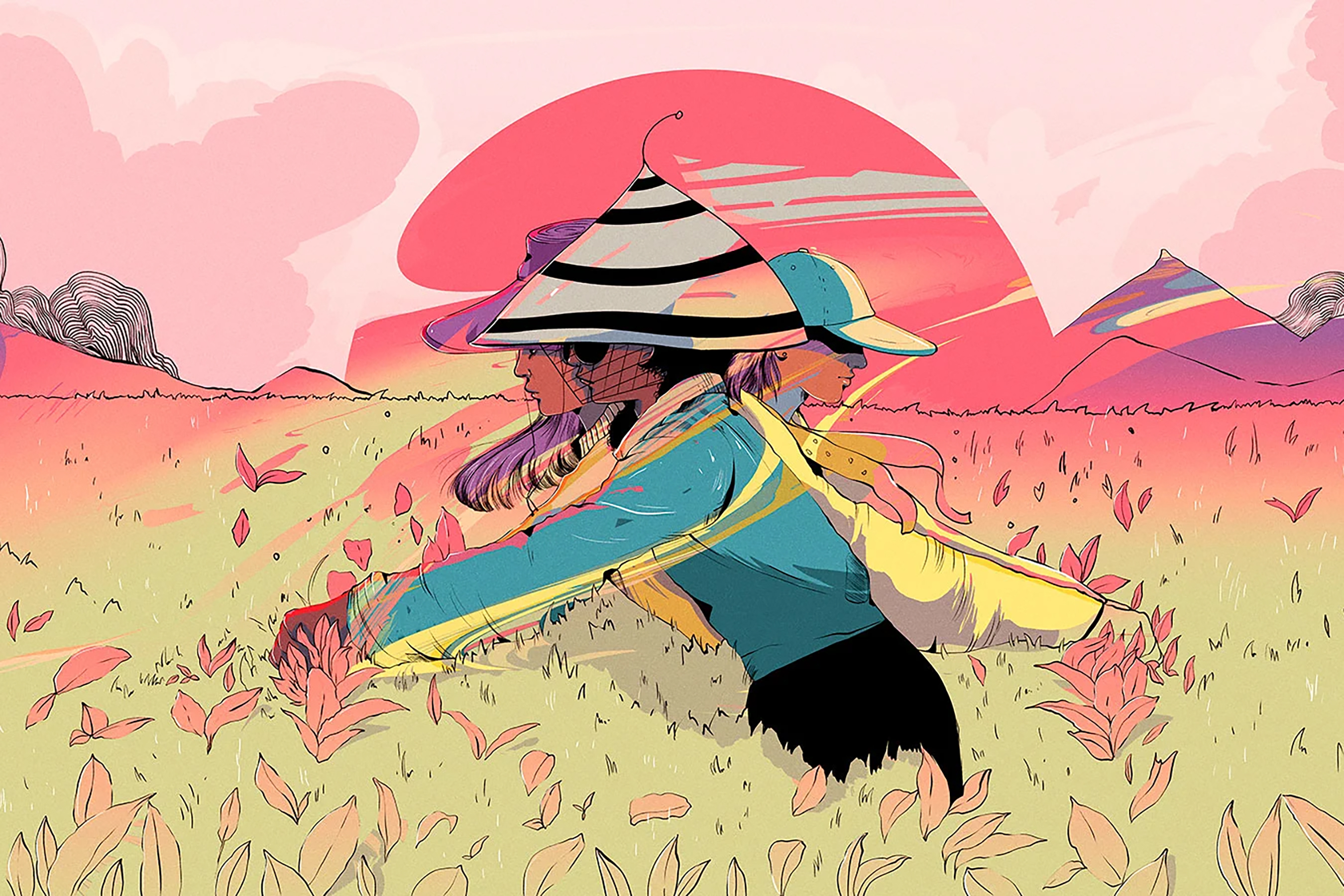 An illustration of women working in a field of tea leaves with a sunset and mountains in the background by Carolina Rodríguez Fuenmayor