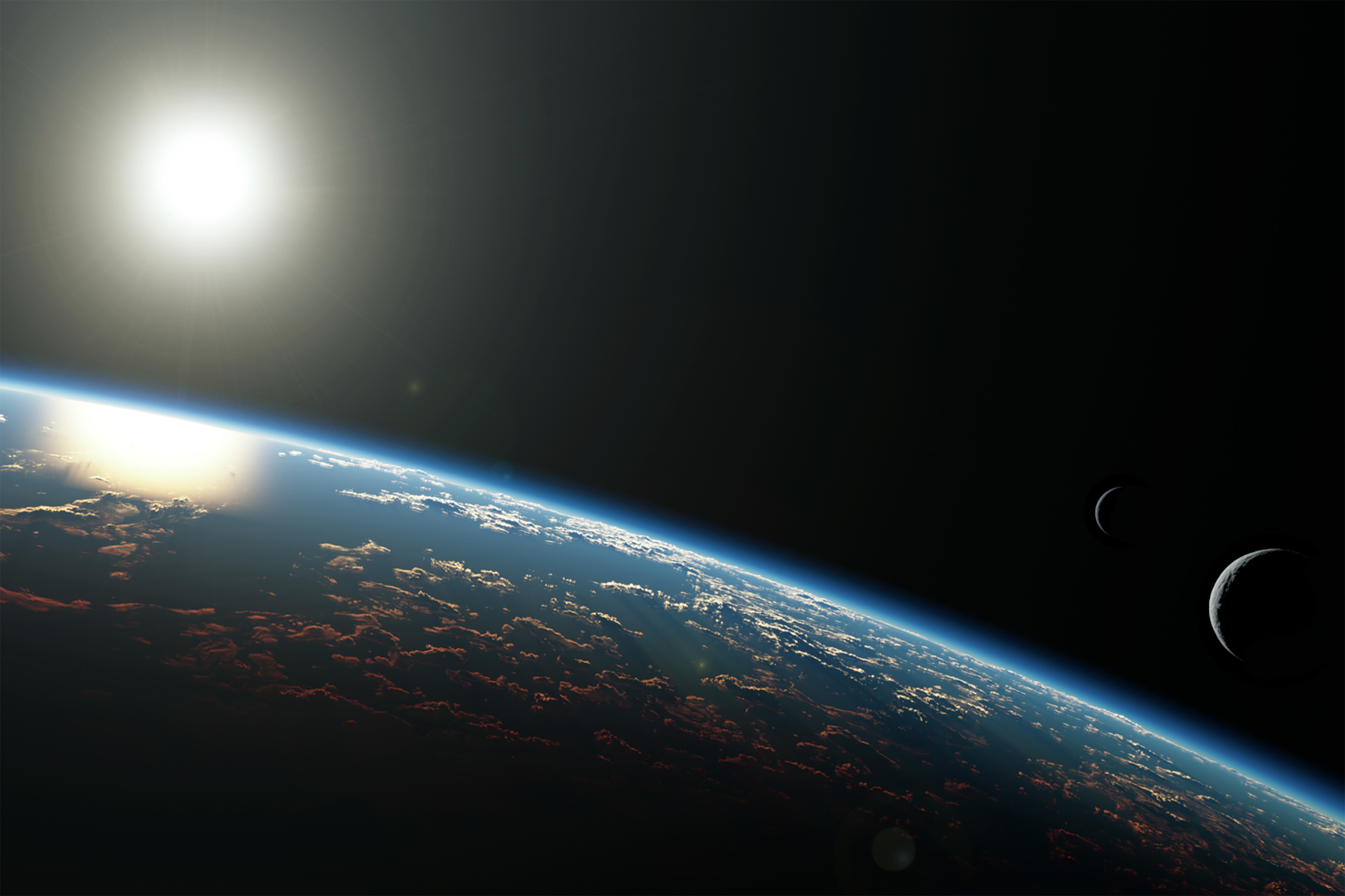An illustration by Jack Madden of a theorized planet's atmosphere featuring a bright blue sky with lots of clouds, a sun and two moons.