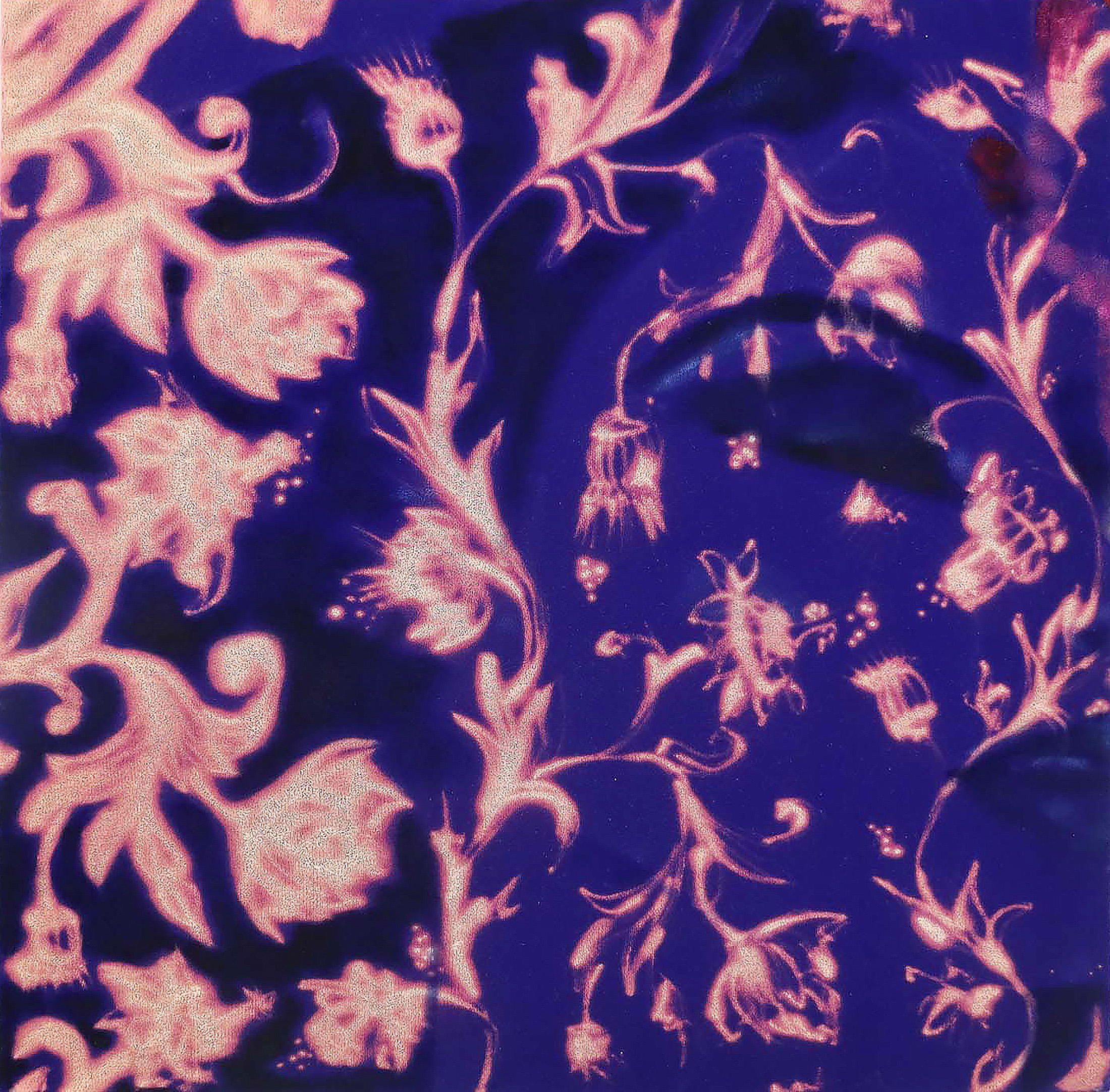 abstract purple painting with faint image of a woman's face superimposed