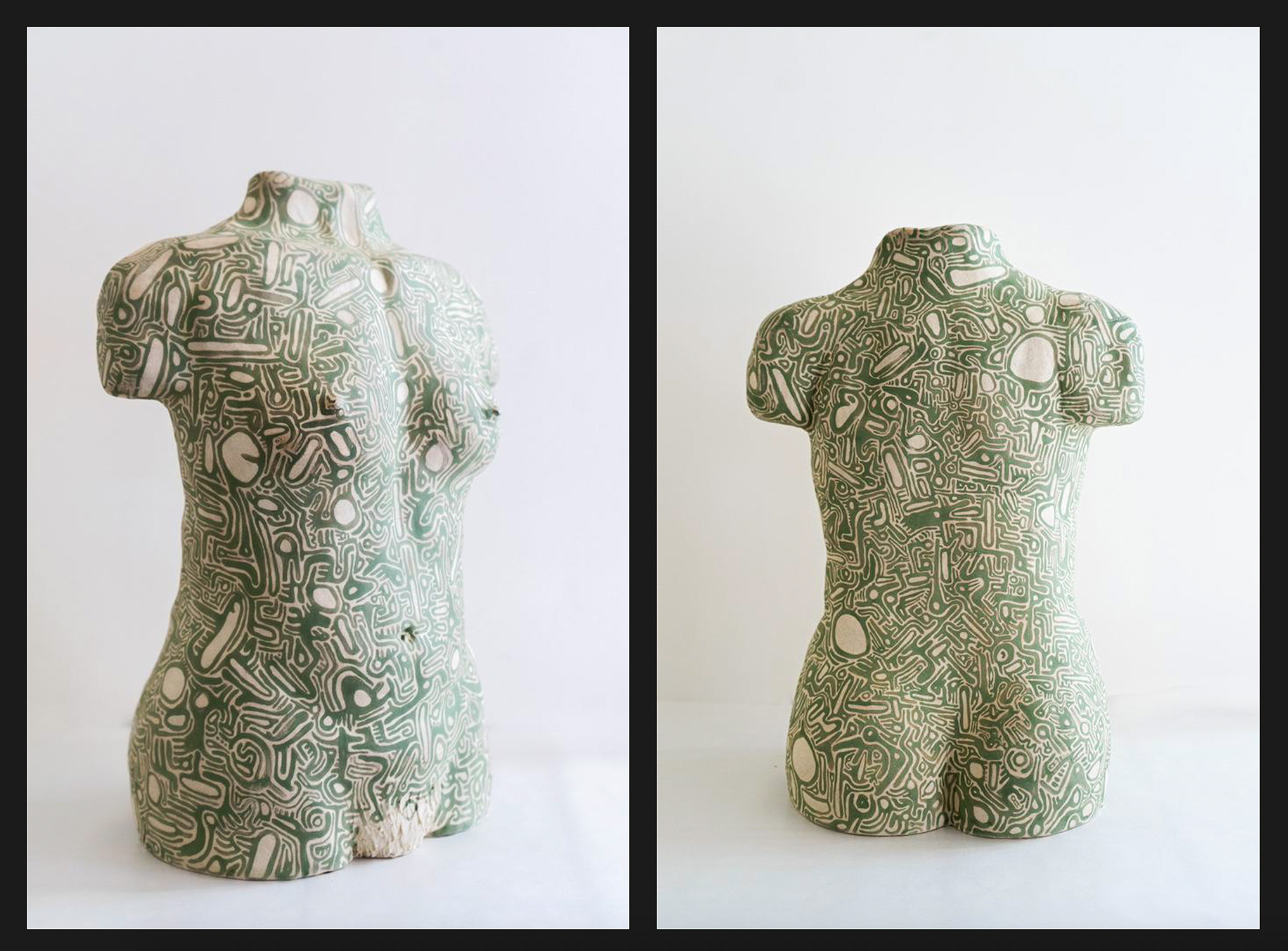 two views of ceramic woman's torso with intricate green figuration
