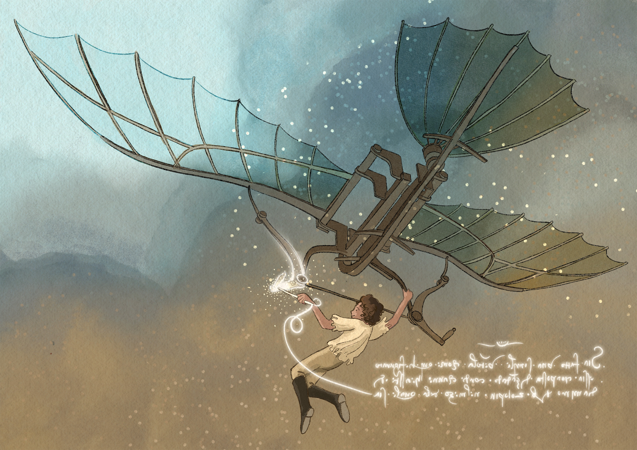 a young Leonardo DaVinci and his flying machine