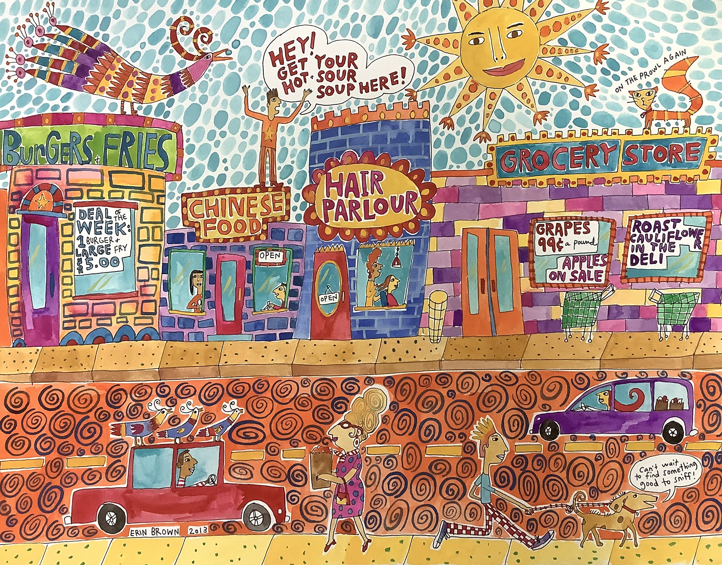 intricate coloful illustration of a city street