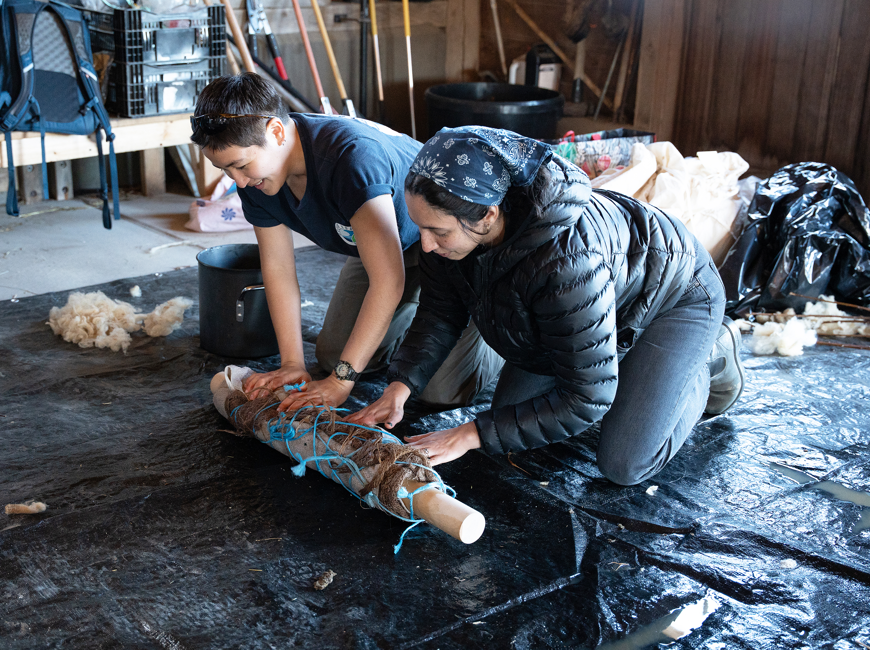 Boberg and RISD faculty member Fatemah Maswood work together to felt the wool