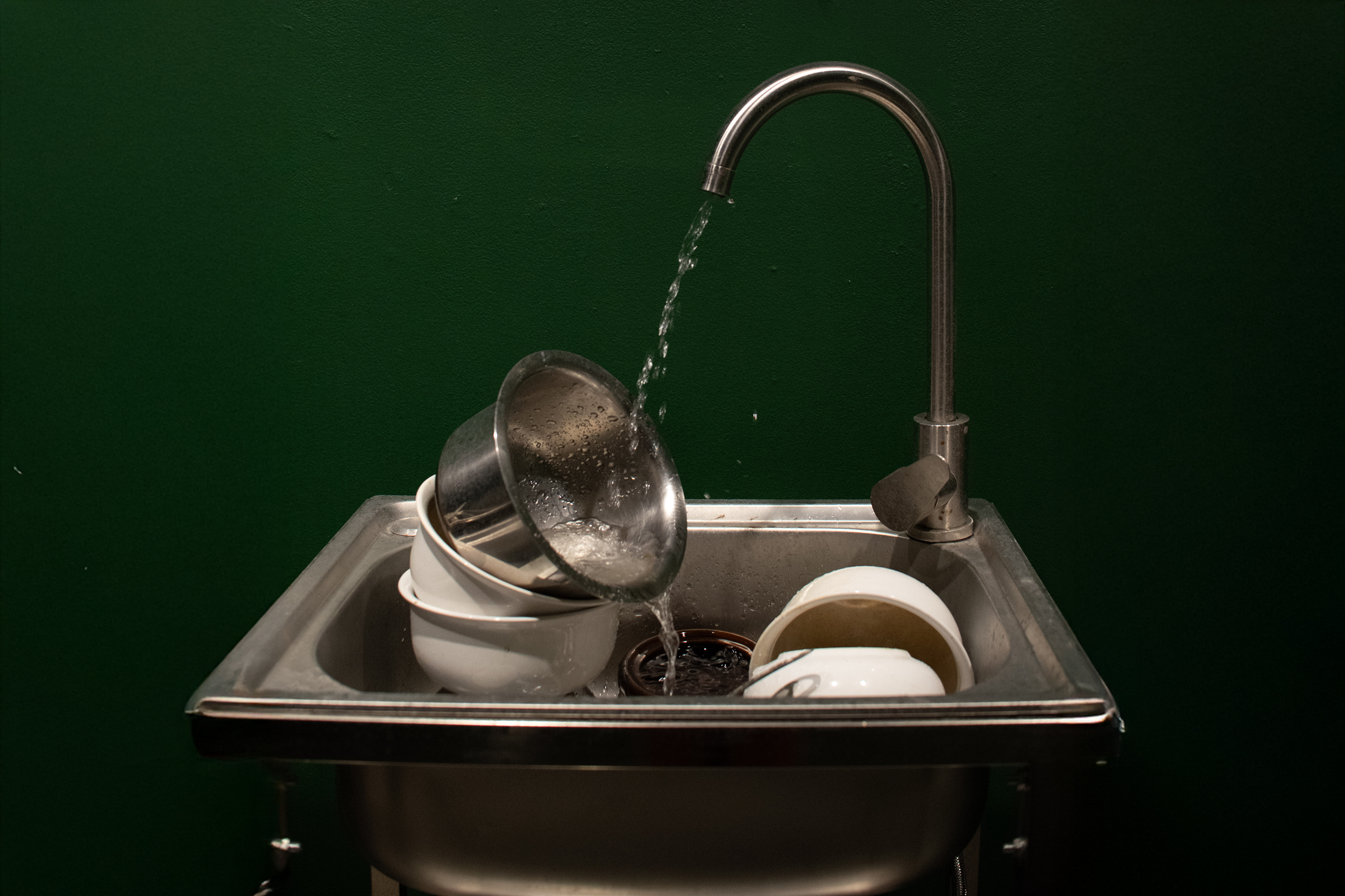 a fountain inside the Memorial Hall Gallery replicates a sinkful of dirty dishes