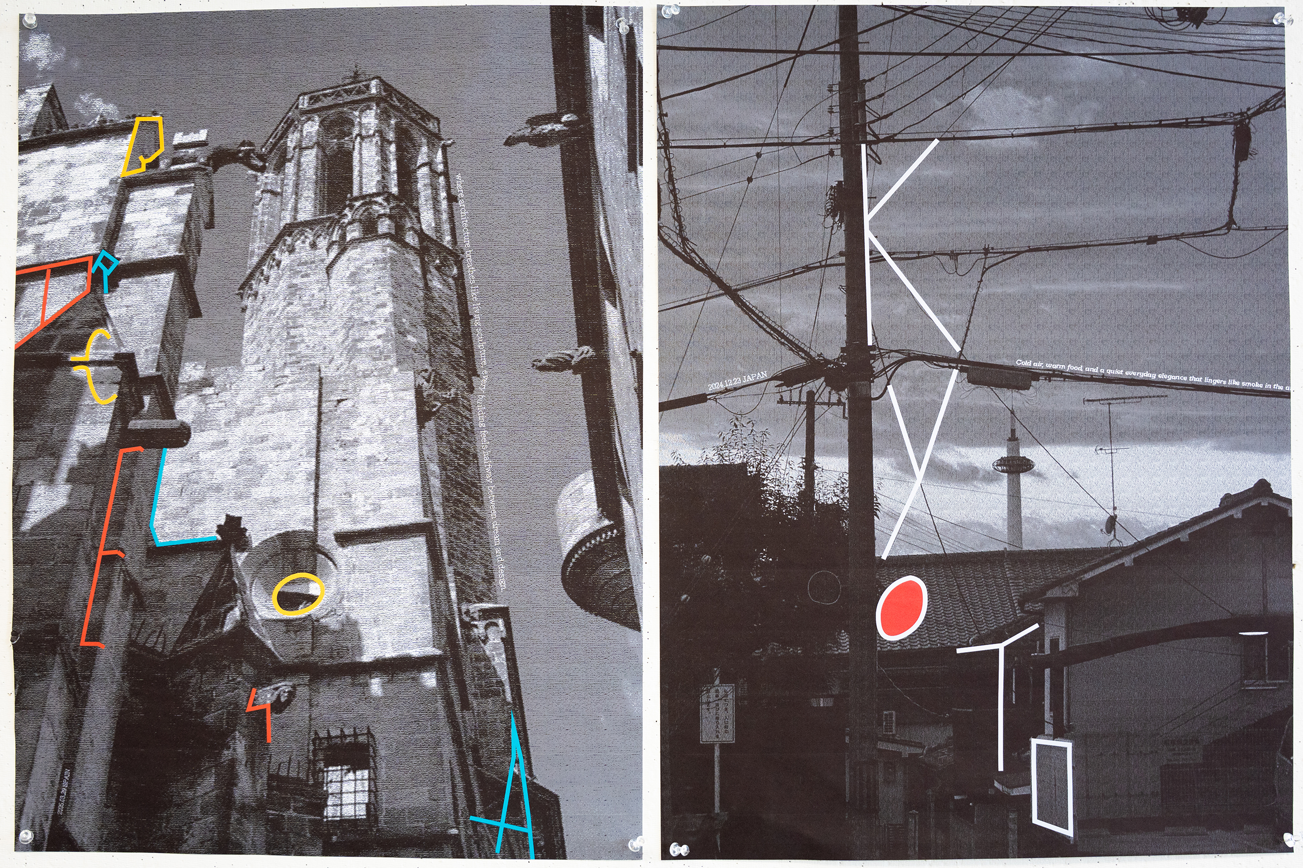 riffs on tourism posters featuring black-and-white photos and subtle letterforms