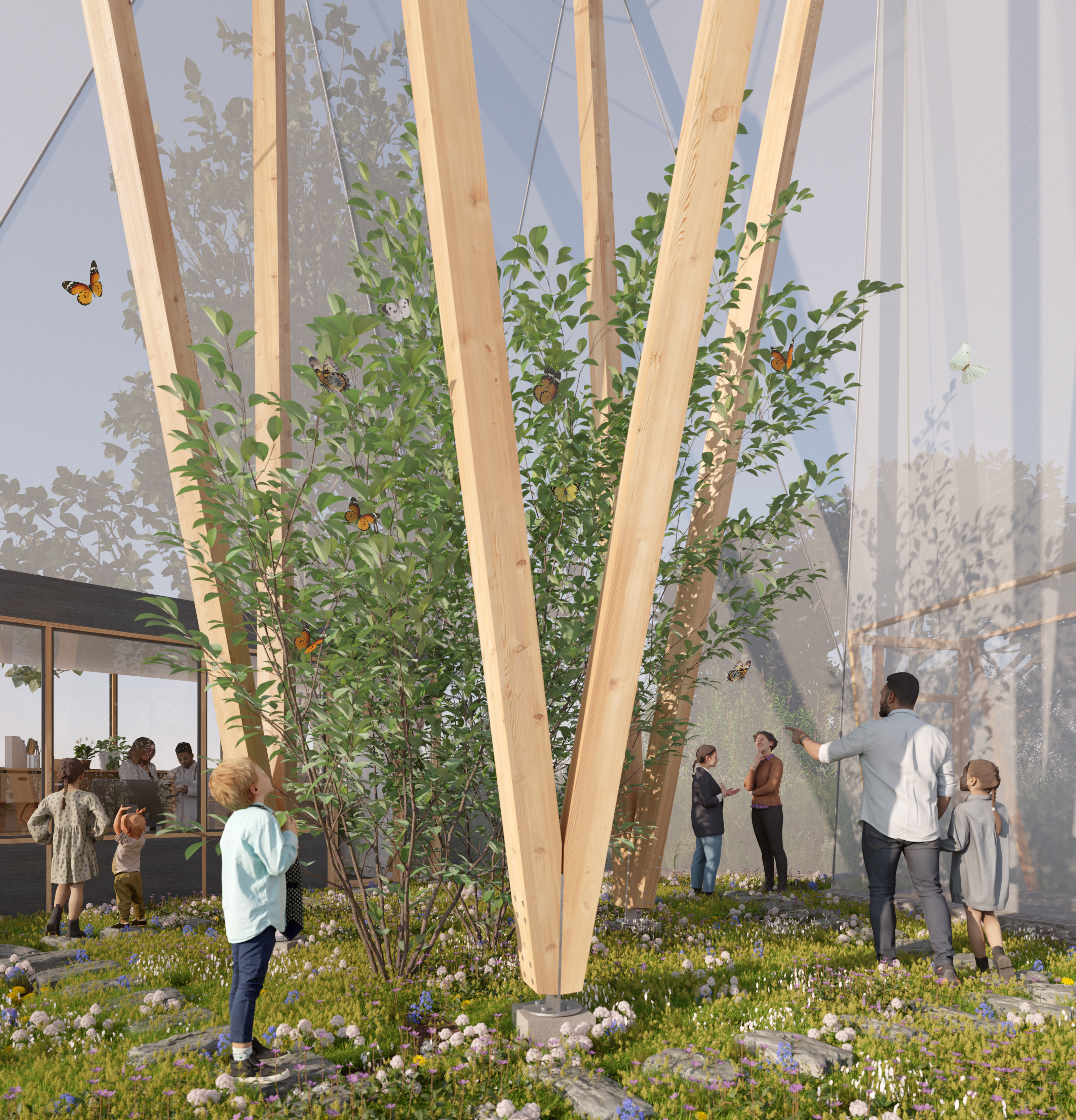 rendering of the ingerior of the space with people, plants, and butterflies