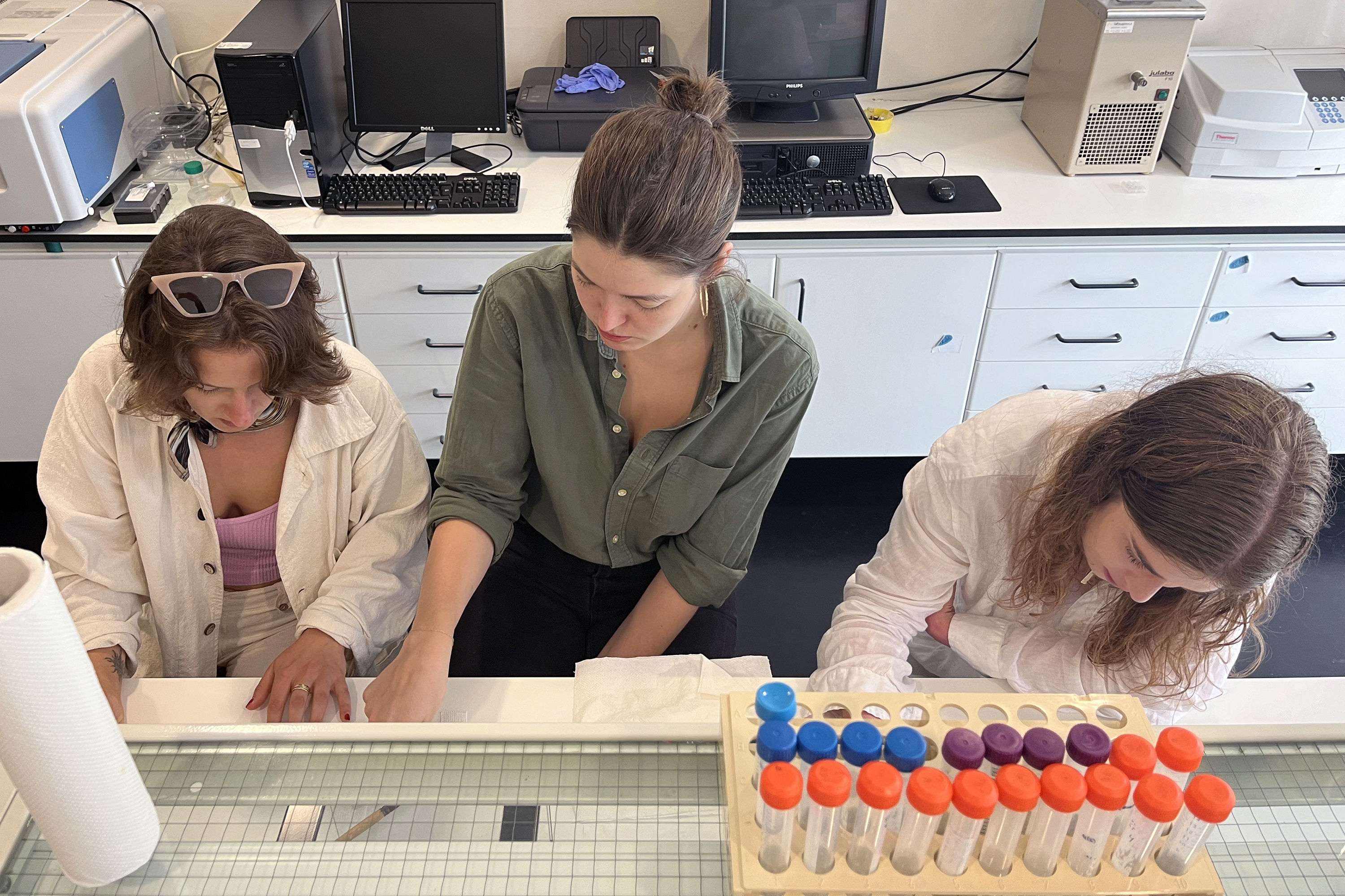 students developing netting out of algae