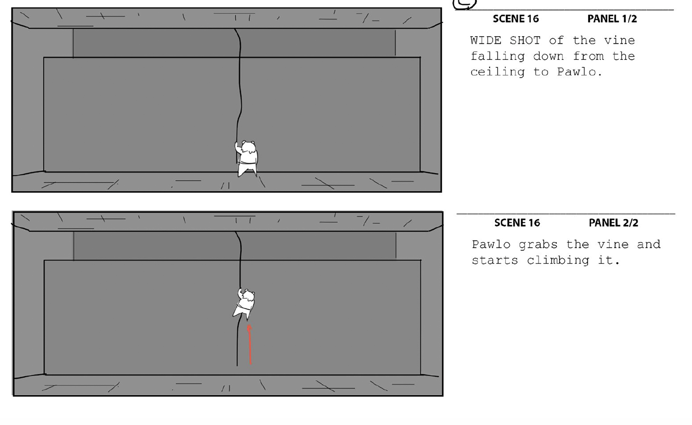 two storyboard frames with typed directions on the right