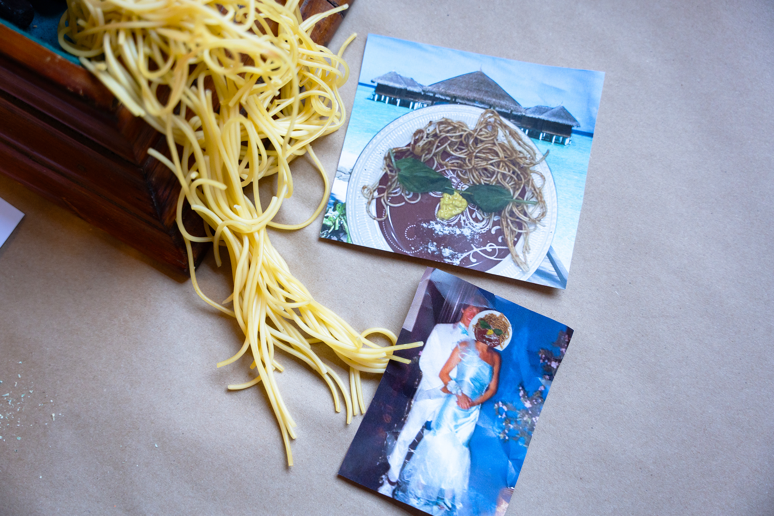 tabletop installation featuring cooked spaghetti