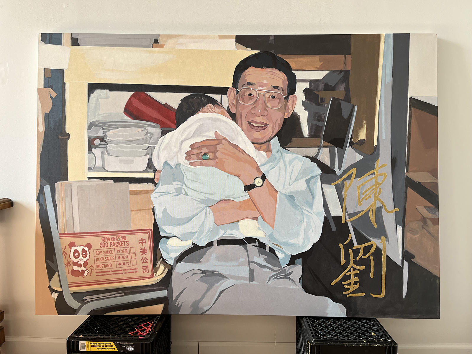 a painting of a man holding a baby