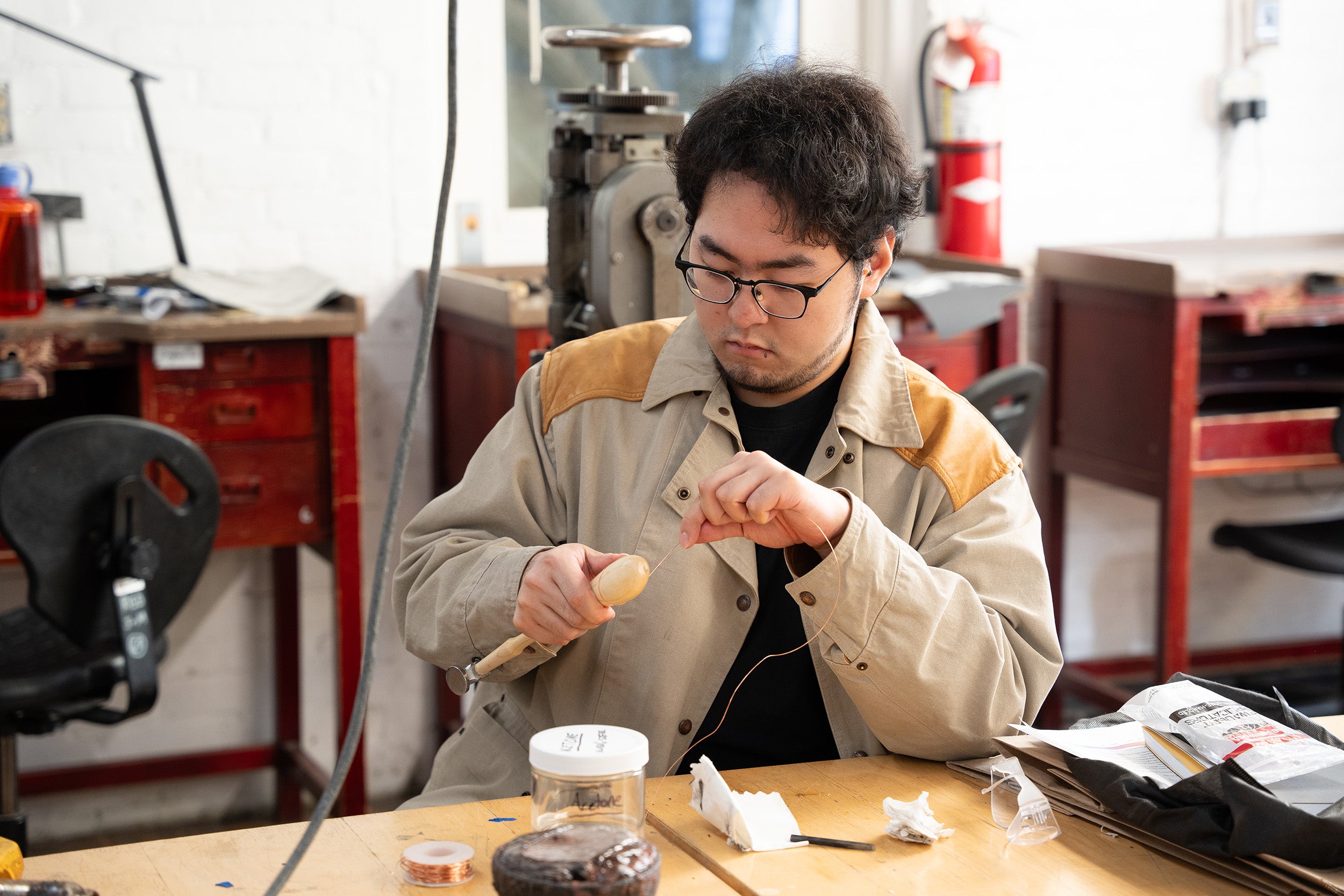 a student works at the bench