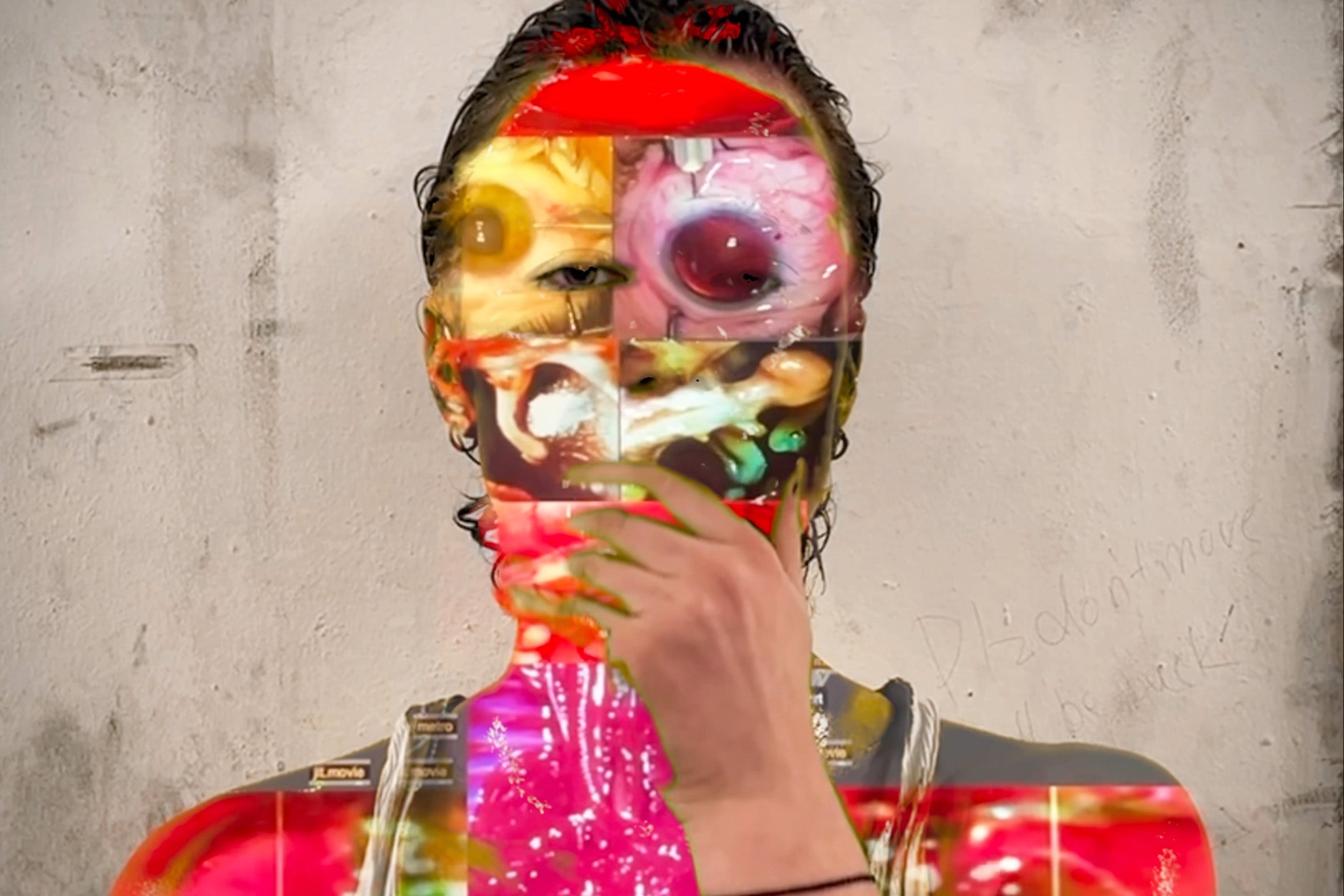 image of the artist's face with interior body footage masking her features