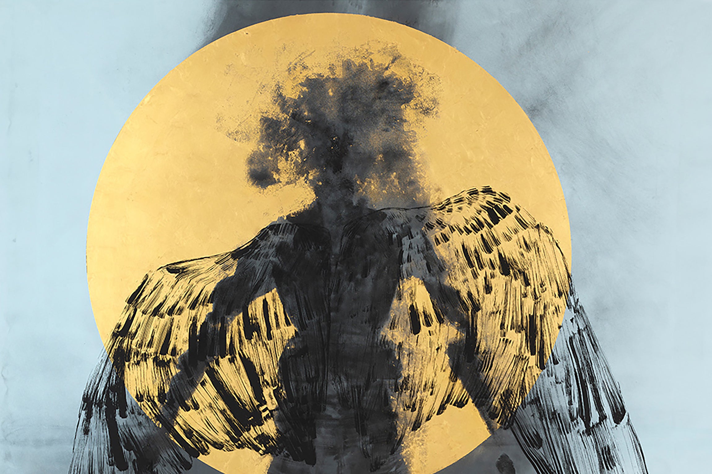 print of a winged figure in front of a full yellow moon
