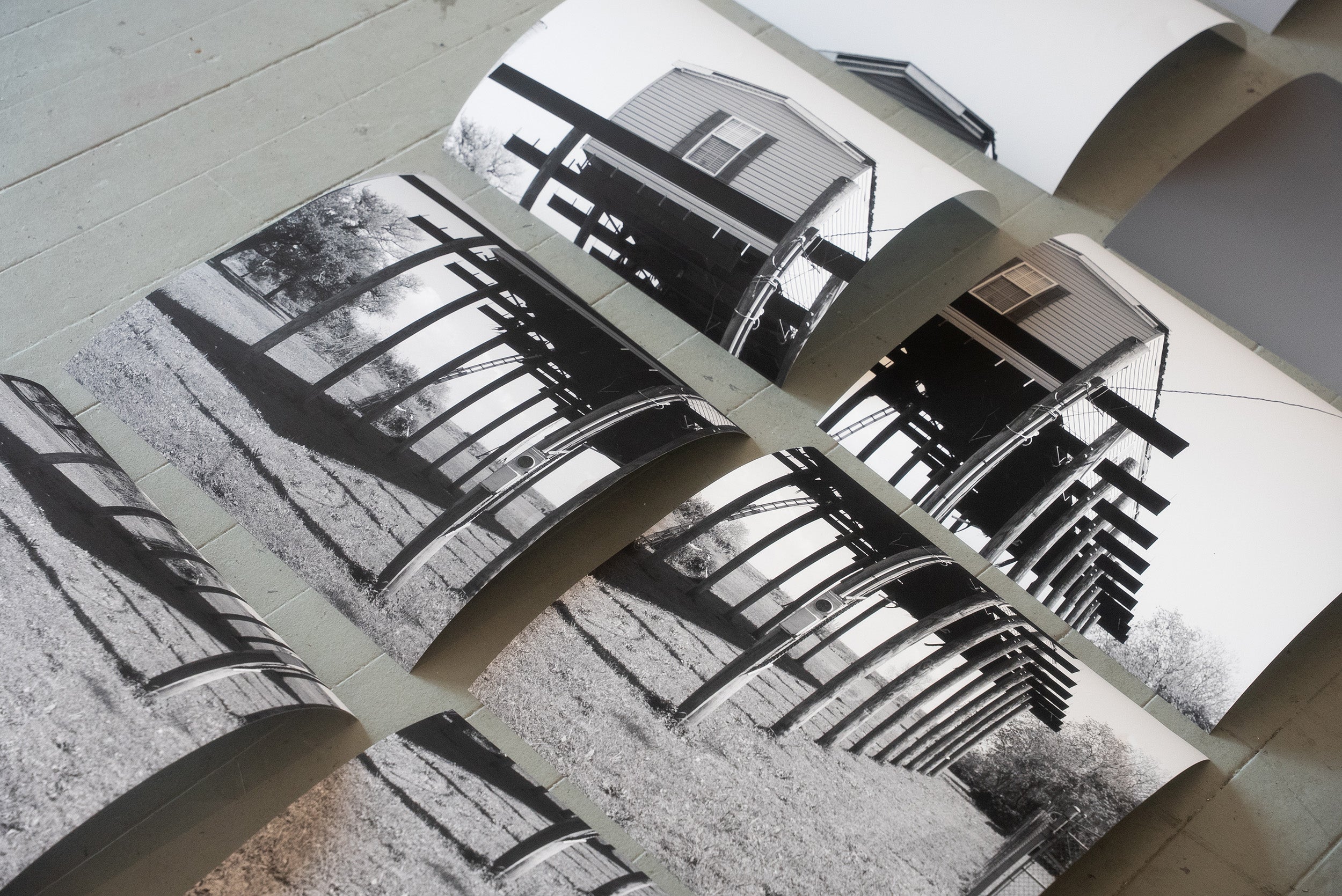 black-and-white photos laid out on the floor in prep for critique