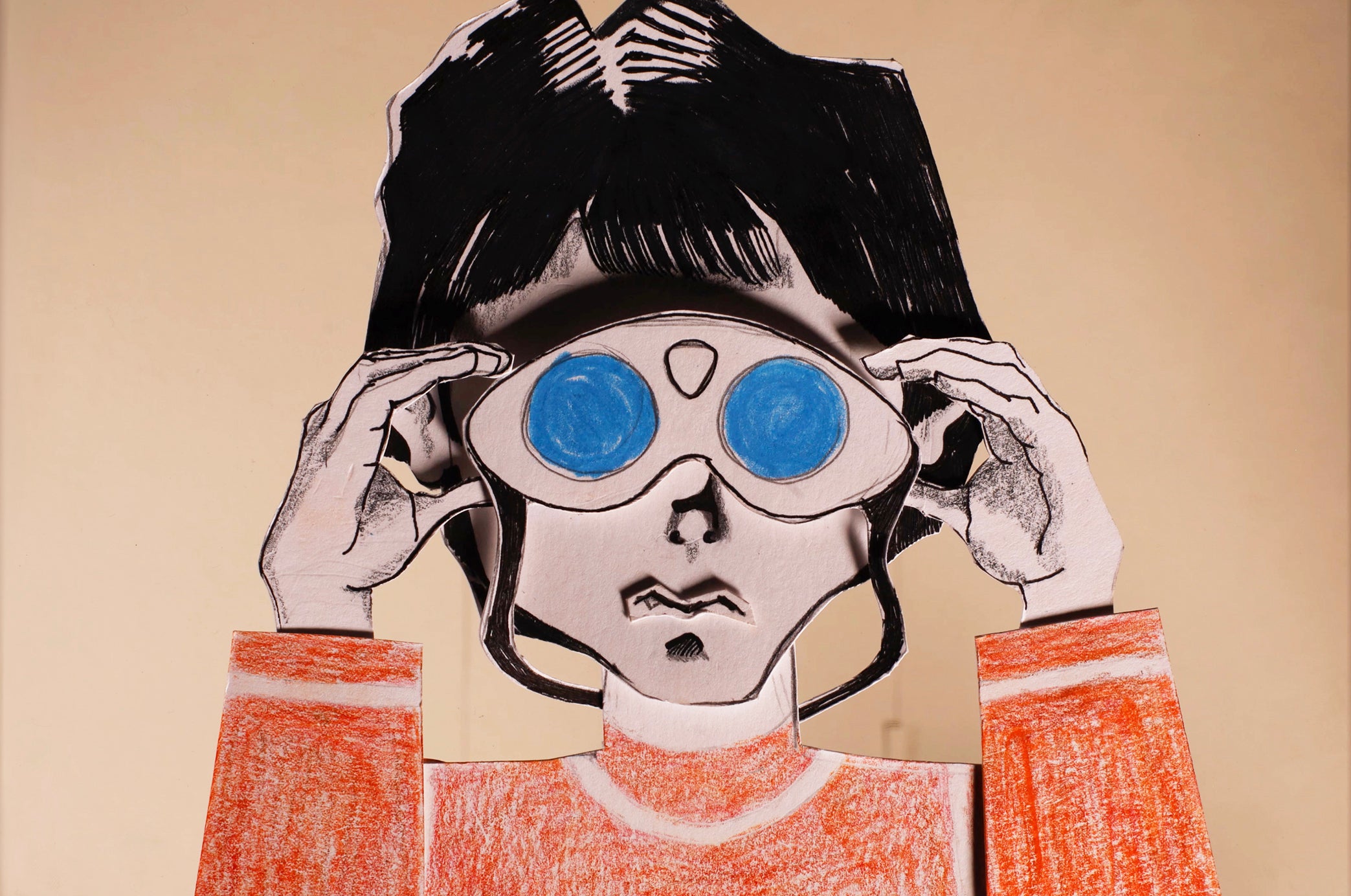 still from an animated film with boy peering through binoculars