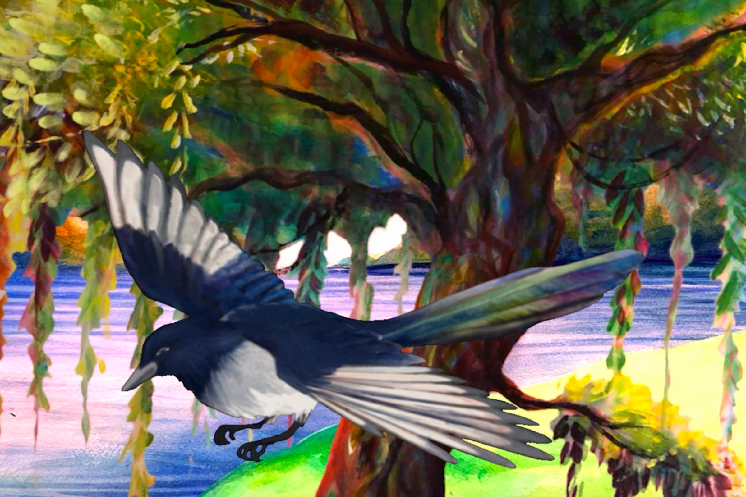 a brid flying under a colorful tree