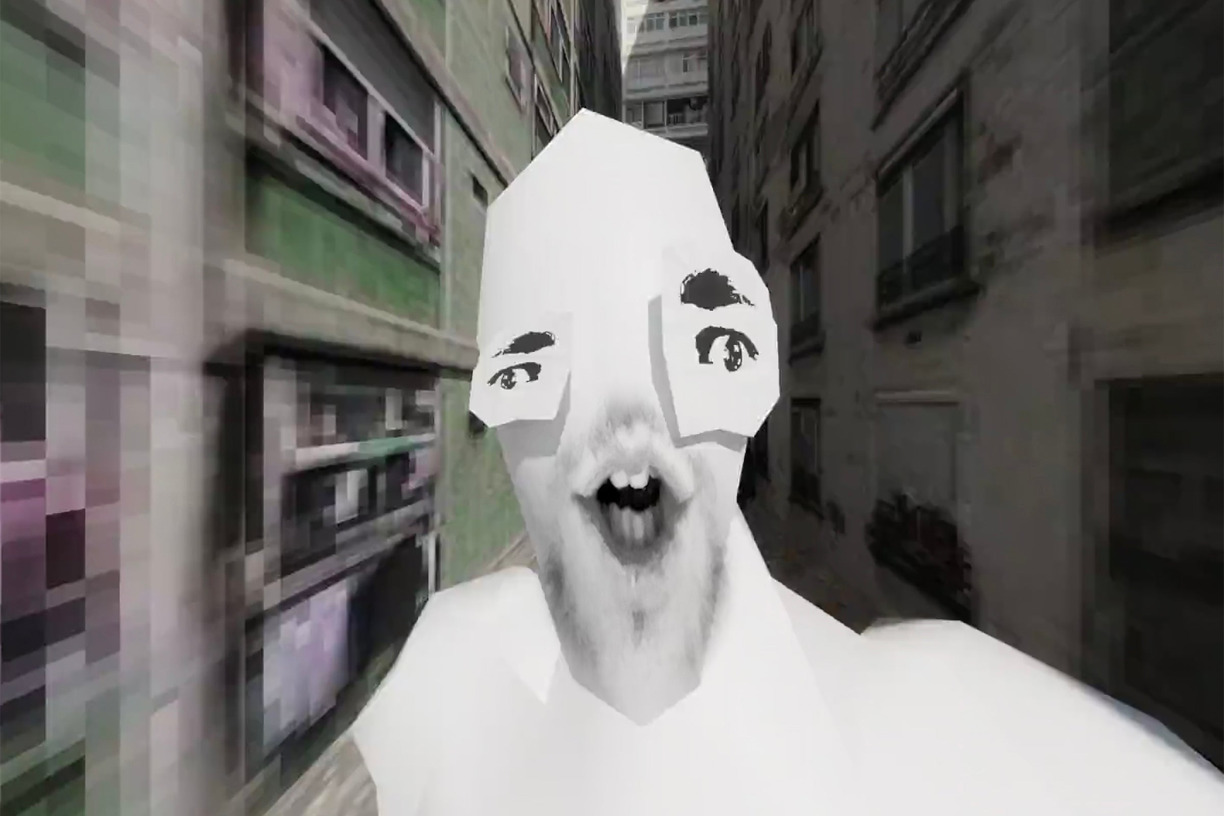 happy warped-face guy in a warped setting