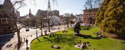 Eagle-eye view of a sunny day at RISD beach in downtown Providence.