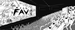 a black-and-white illustration of a movie theater full of catlike creatures looking at a screen featuring the letters R I S D FAV