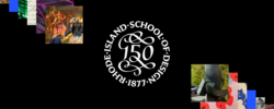 a seal with a calligraphed number 150 circled by the words Rhode Island School of Design, with overlapping multicolored square images approaching
