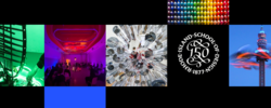 A collage of textural images on a solid black background with a white RISD 150th anniversary seal
