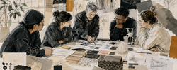 illustration of five people working with several documents laid out on a table and pinned up on surrounding walls