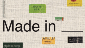 burlap backdrop with Made in consumer product tags