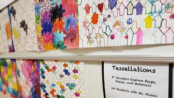 Mc. Alison's art students work is displayed on a wall as part of the exhibit "Tesselations, 5th graders explore shape, design and materials".