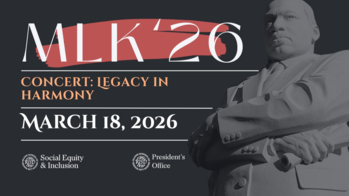 information about a March 18 concert at the RISD Auditorium, alongside a statue of Dr. Reverend Martin Luther King Jr.