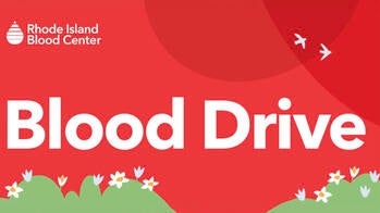 the words “blood drive” in white letters, set against a red background, with grass and flower shapes towards the bottom, and the Rhode Island Blood Center logo in the left corner