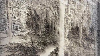 abstract, pixelated forest scene