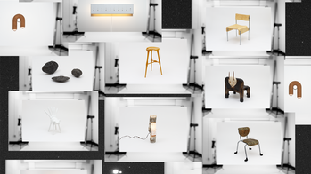 a collage of multiple individual photographs of furniture pieces selected for this exhibition