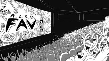 a black-and-white illustration of a movie theater full of catlike creatures looking at a screen featuring the letters R I S D FAV