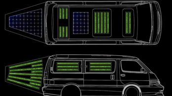 a white-on-black schematic illustration of a van (one overhead angle, one profile) carrying neon-green receptacles