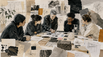 illustration of five people working with several documents laid out on a table and pinned up on surrounding walls