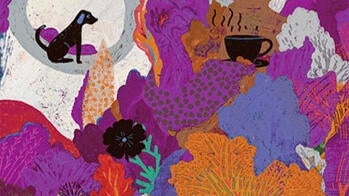 colorful illustration with a small black dog