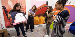 Grad student Nicole Schonitzer MFA 21 PT shows work in progress to Associate Professor Leora Maltz-Leca and visiting curators Jane Panetta and Rujeko Hockley.
