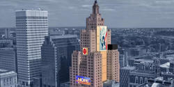 Ankit Mandawewala MA 20 vision of the Providence "Superman building" as a home for performance spaces with outward-facing LED screens on its facades.