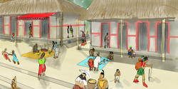interpretive drawing by Lucinda Drake of Mayans at the marketplace