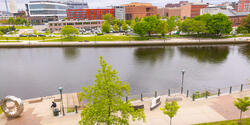 A view of the Providence River in sunshine from above